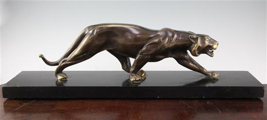 A French Art Deco patinated bronze model of a panther, 24.5in.